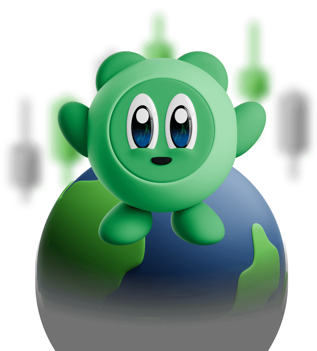 Tokie mascote on top a globe with a candlestick chart blured in the background